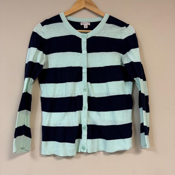 Merona Striped Cardigan Sweater Womens L Navy Green Long Sleeve Button Up - Picture 1 of 7